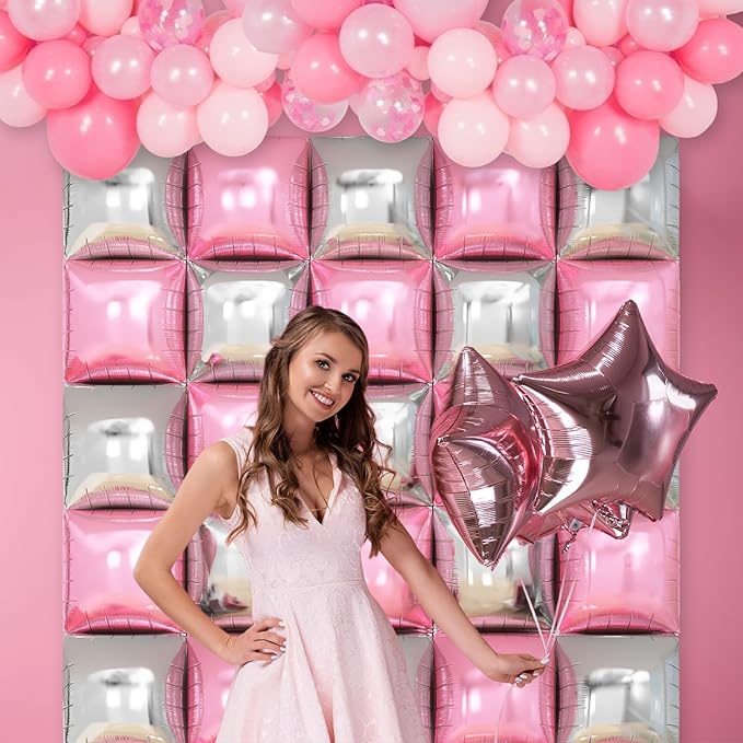 Pink Silver Square Foil Balloon Wall,25Pcs Double Sided Balloons Backdrop Helium Balloon Tunnel Arch Garland Kit for Christmas Birthday Bridal Anniversary Baby Shower Party Decorations