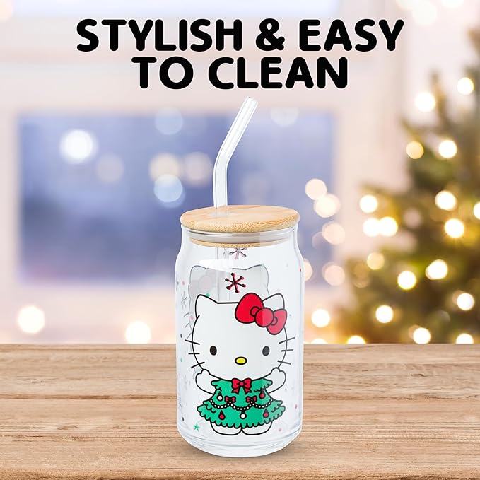 Silver Buffalo Sanrio Hello Kitty Holiday Glass Tumbler with Bamboo Lid and Glass Straw, 16 Ounces