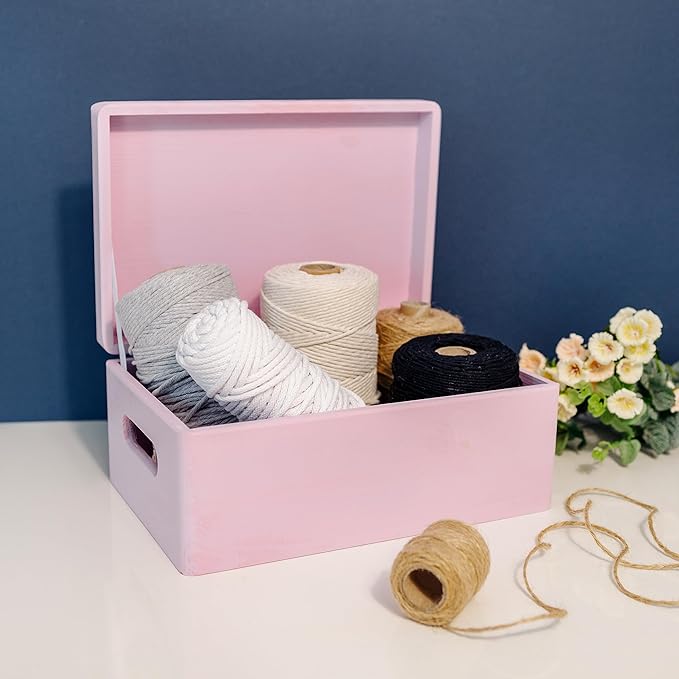 Creative Deco Large Pink Wooden Box Storage with Hinged Lid | 11.8x7.87x5.51in (+-0.5) | Keepsake with Handles | Gift Box for Tool Dog Toy Shoes Kitchen Storage | Wood Keepsake Chest Trunk