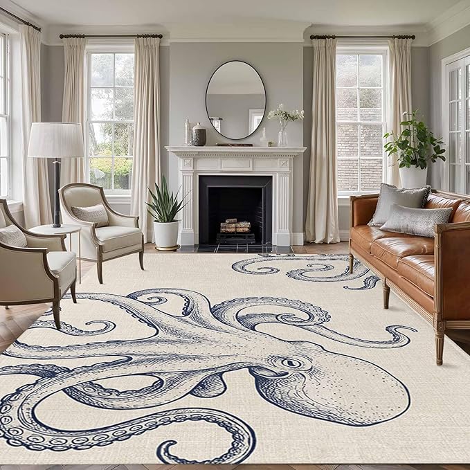 Area Rug 9x12ft, Marine Octopus Sea Monster Washable Rugs for Living Room Bedroom Rectangle Floor Carpet, Farmhouse Ocean Life on Linen Soft Non-Slip Area Rugs for Dining Room