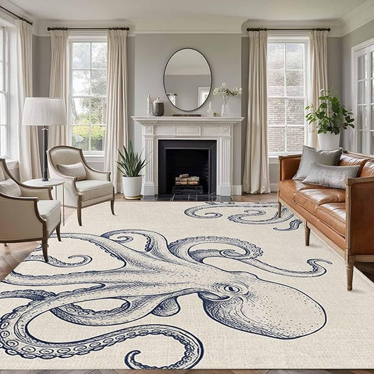 Area Rug 9x12ft, Marine Octopus Sea Monster Washable Rugs for Living Room Bedroom Rectangle Floor Carpet, Farmhouse Ocean Life on Linen Soft Non-Slip Area Rugs for Dining Room