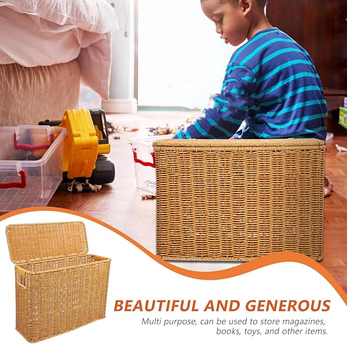 Hemoton Woven Basket Storage Organizer with Lid and Handle 15 Inch Narrow Tall Container for Home Toys Magazines and Sundries