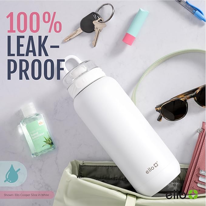 Ello Cooper 40oz Stainless Steel Water Bottle with Straw and Carry Handle, Double Walled and Vacuum Insulated Metal, Leak Proof Locking Lid with Soft Silicone Spout, Reusable, BPA Free, Bubblegum