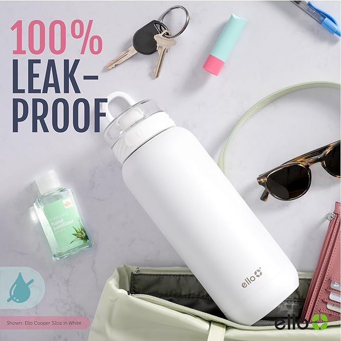 Ello Cooper 40oz Stainless Steel Water Bottle with Straw and Carry Handle, Double Walled and Vacuum Insulated Metal, Leak Proof Locking Lid with Soft Silicone Spout, Reusable, BPA Free, White