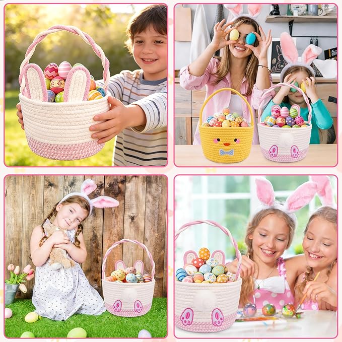 Personalized Easter Basket for Toddler, Bunny Basket for Kids,Empty Woven Rope Cotton for Eggs,Easter Egg Hunt Storage Bin with Handle, Baby Nursery Candy for Boys and Girls, 9''×12''