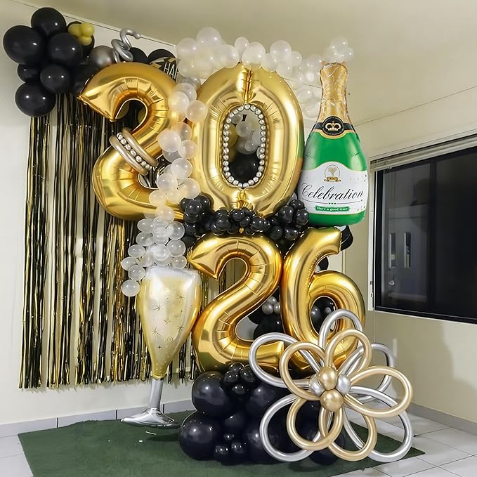 Gold 2026 Balloons, 40 Inch Number Gold Foil Balloons, Gold and Green Star Balloon with Champagne Bottle Glass Balloon for Happy New Years Eve Party Supplies 2026 Class of 2026 Graduation Decorations