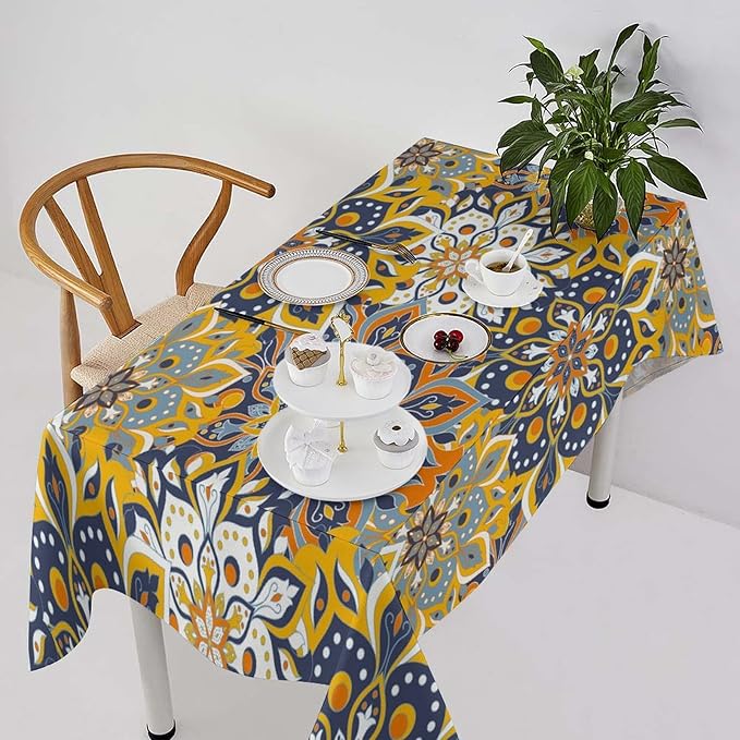 Retro Moroccan Boho Kitchen Tablecloth Vintage 70's 60's Hand Drawn Style Floral Motifs Table Cloth for Living Room Kitchen Party Picnic Cloth Stain Resistance Polyester, 55x55 Square