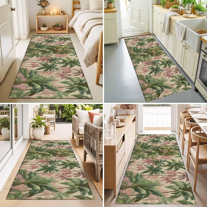 Runner Rug for Bedroom Hallway, Exotic Forest Green Pink Palms Tree Kitchen Runner Rugs Area Rug 2x6ft, Vintage Botantical Washable Soft Floor Carpet for Entryway Stair
