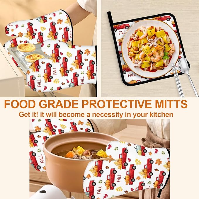 Fall Oven Mitts and Hot Pads Set - Truck Design, Heat Resistant Cute Pot Holders for Kitchen, Baking Gifts for Women