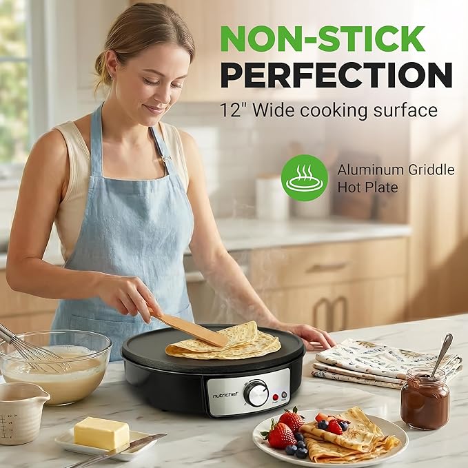 Nutrichef Electric Crepe Maker & Griddle Cooktop - Nonstick 12 Inch Aluminum Hot Plate with LED Indicator Lights & Adjustable Temperature Control - Wooden Spatula & Batter Spreader Included