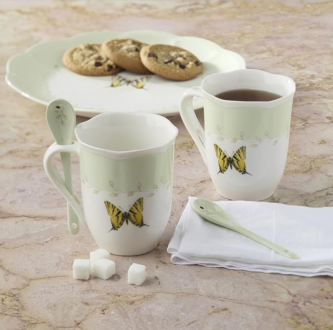 Lenox Dessert Plate Set, Lenox Butterfly Meadow Collection 4-Piece Dessert Porcelain Plates Set, Service For 4, Dishwasher & Microwavable Plate, Small Plates, 8 x 8-Inch, Spring Dishes (4 Piece)