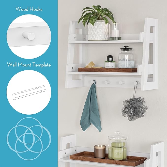RiverRidge 2-Tier Ladder Shelf with Hooks - Versatile Storage Solution for Bathroom, Entryway, Nursery - White Painted Finish, Open Shelves & 4 Hanging Hooks – Easy Assembly Ladder Shelves