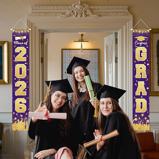 2026 Graduation Party Decorations - Purple Gold Class of 2026 Congrats Grad Porch Sign Banner Hanging Flag Graduation Party Supplies for School College Classroom Decor