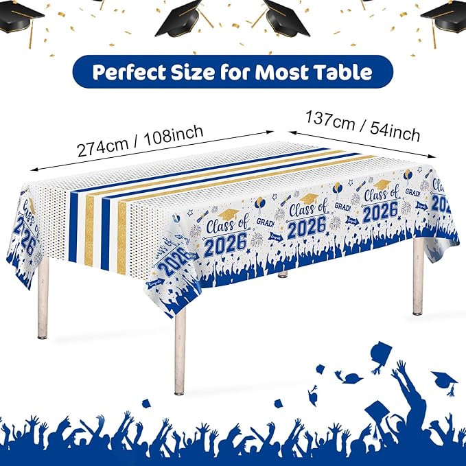 Graduation Decorations Class of 2026 Tablecloth - 3 Pcs Plastic Congrats Grad Table Cloth, Graduation Table Cover for Graduations Party Decorations 2026 and Party Supplies, 54"x108" (Blue and Gold)