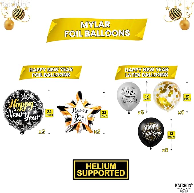 KatchOn, New Years Eve Party Supplies 2026 Set - Big, Pack of 21 | Black and Gold Happy New Year Banner, 2026 Balloon Numbers, New Year Foil Balloons | NYE Decorations 2026, New Years Decorations 2026