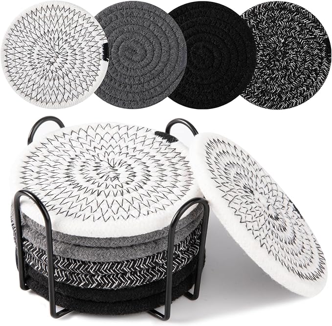 OIAHOMY 8 Pcs Coasters with Holder for Beer, Coffee, Woven Cotton Coaster Set for Table Decor for Kitchen, Bar, Dining Room, Living Room, Housewarming Gifts - Black