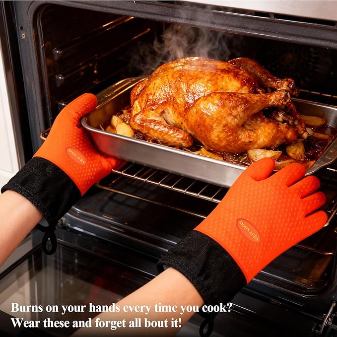Silicone Smoker Oven Gloves - BBQ Gloves with Sharp Knife, Basting Brush and Sticky Hook.