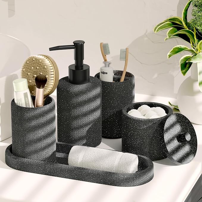 Clara Clark Coal Black Bathroom Set - Bathroom Sets with Shower Curtain and Rugs, 21PC Bathroom Accessory Set, Shower Curtain Set with Soap Dispenser & Toothbrush Holder