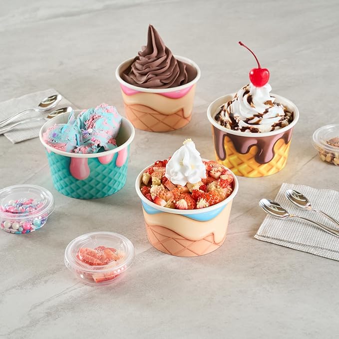 Restaurantware Ice Cream Cups 50 Pack of 8 oz Leak-Resistant Disposable Dessert Bowl Frozen Yogurt Cup Round Paper Container For Cold And Hot Desserts