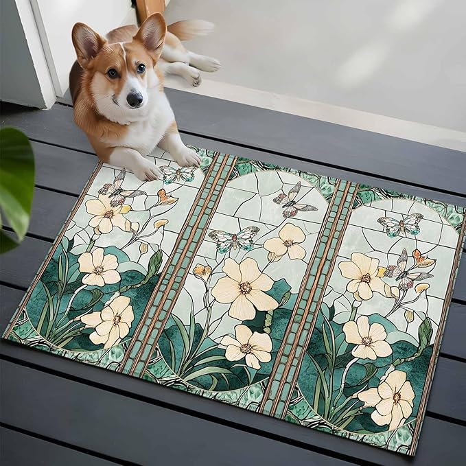 Area Rug 2x3ft, Spring Flower Colorful Butterfly Washable Rugs for Living Room Bedroom, Vintage Green Plant Soft Non-Slip Area Rugs Rectangle Floor Carpet for Dining Room
