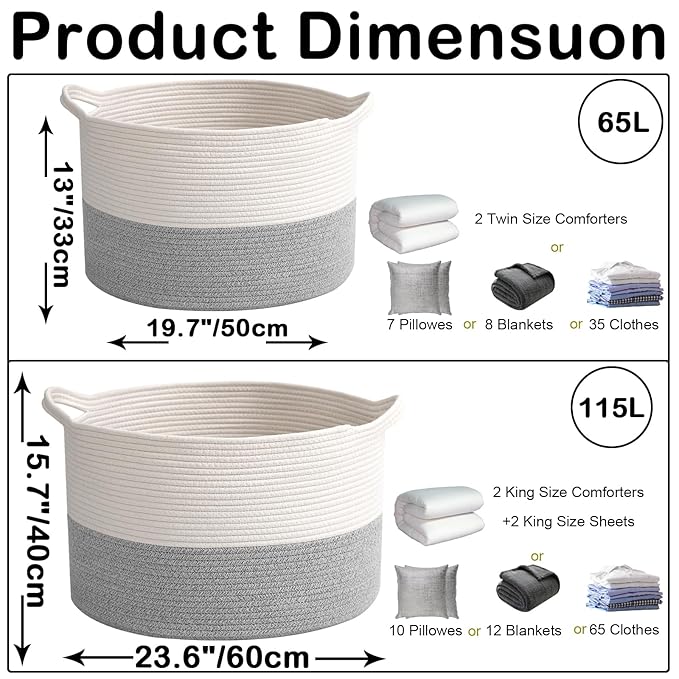 65L Large Blanket Basket,Woven Rope Laundry Basket Hamper with Handles,Decorative Nursery Basket Storage Bin for Toys, Pillows , Clothes Organizer, Living Room, Bedroom, Bathroom, White&Grey