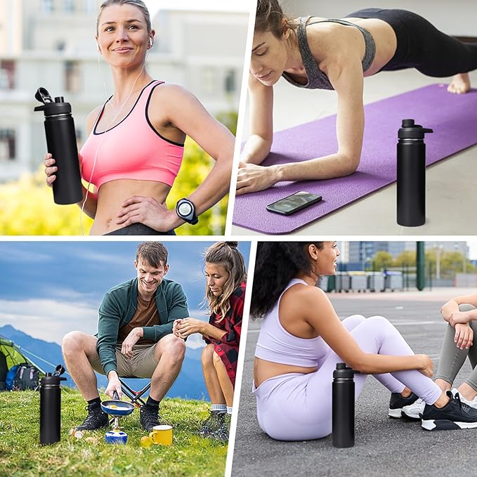 Fijinhom 24 oz Insulated Water Bottle with Handle, 304 Stainless Steel Water Bottles with 2 Lids, Double Wall Vacuum Sports Water Cup with Straw, BPA Free, Keep Cold and Hot, Black