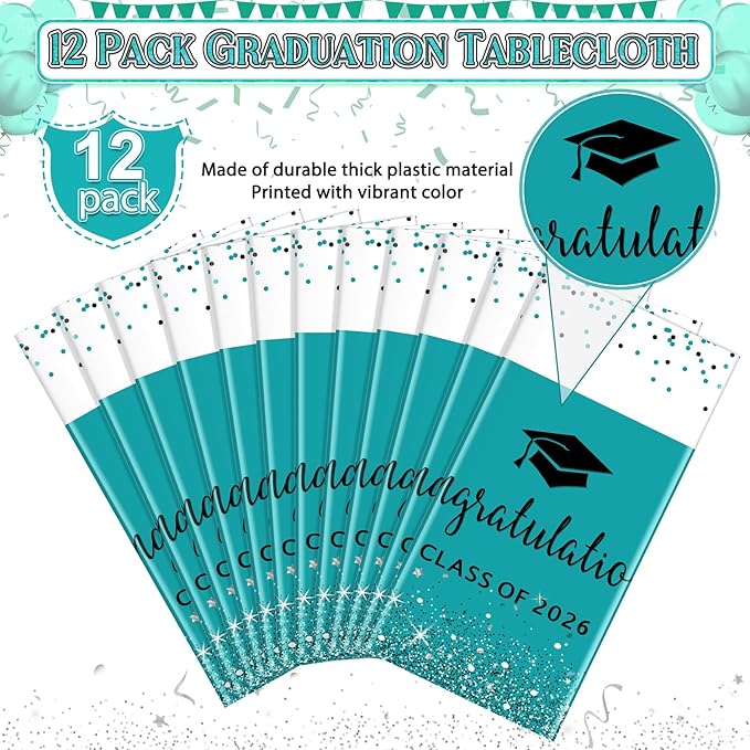 12 Pack Class of 2026 Graduation Tablecloths,Foil Dot Plastic Disposable Rectangle Table Covers for 2026 High School University College Graduation Party Decorations,108*54 Inch (Teal and Black)