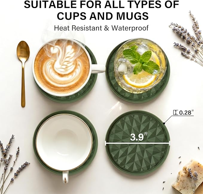 Silicone Coasters for Drinks[4 Pack]- Cup Mat for Tabletop Protection-Non-Slip, Non-Stick, Coffee Table Decor, Great Gift for Christmas, Olive Green