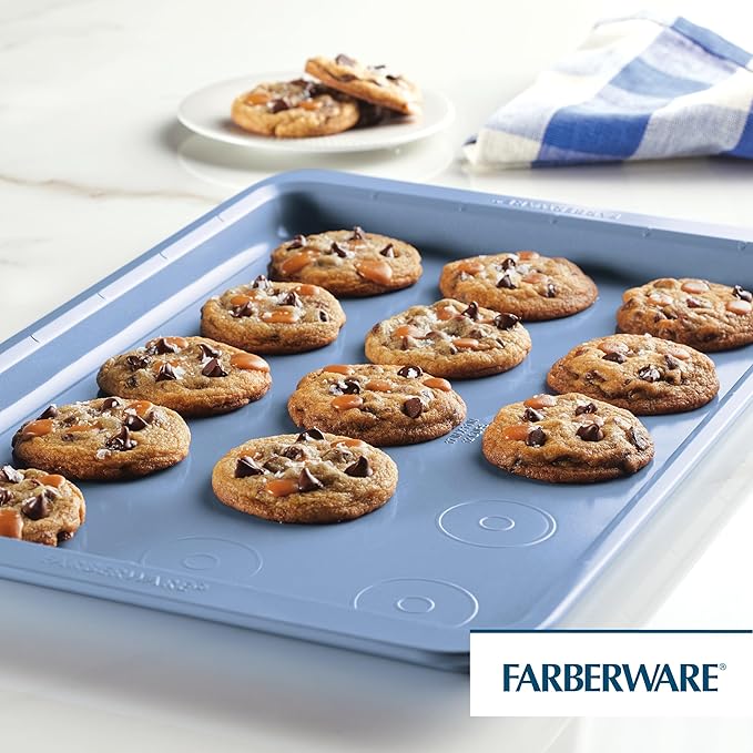 Farberware Easy Solutions Nonstick Bakeware Cookie Pan/Baking Sheet with Drop Zones and Portion Marks, 11 Inch x 17 Inch - Blue
