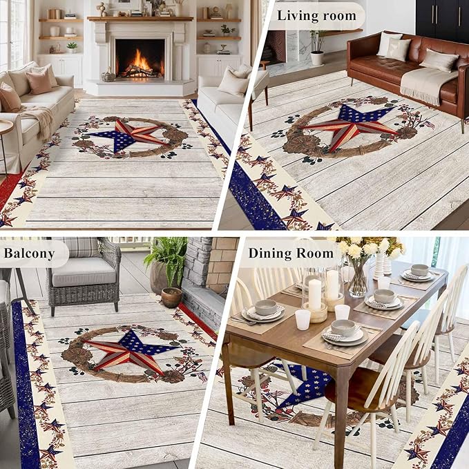 Area Rug 6x9ft, Retro USA Flag Star and Berry Washable Rugs for Living Room Bedroom, Wooden Texture Soft Non-Slip Area Rugs Rectangle Floor Carpet for Dining Room