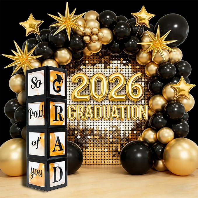 Graduation Decorations 2026 Set of 4 Boxes with 20pcs Balloons and Letters 2026 GRAD So Proud of You - Class of 2026 Party Supplies for High School & College Celebrations