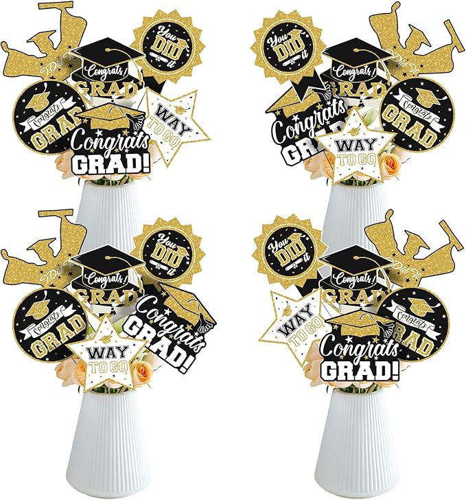 2026 Graduation Party Decorations - 24 Pcs Class of 2026 Congrats Grad Table Centerpieces Graduation Table Decorations Sticks Table Toppers for Graduation Party (Black Gold)
