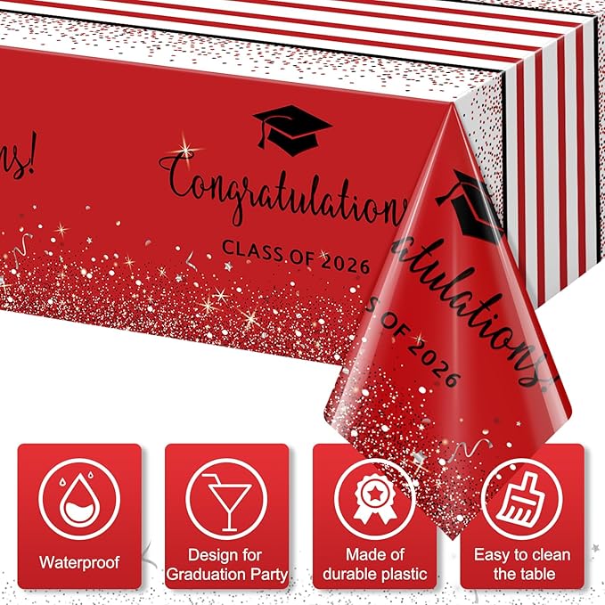 6 Pack Class of 2026 Graduation Tablecloths,Foil Dot Plastic Disposable Rectangle Table Covers for 2026 High School University College Graduation Party Decorations,108*54 Inch (Red and Black)