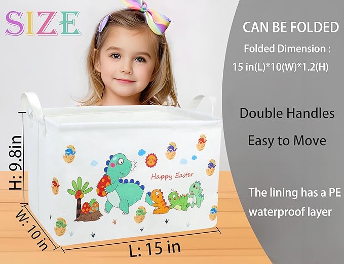 Large Rectangular Easter Baskets Empty Waterproof Boy Toy Box Foldable Kid's Gifts Storage Bin Spring Room Decor(Arrange Dinosaur Egg)