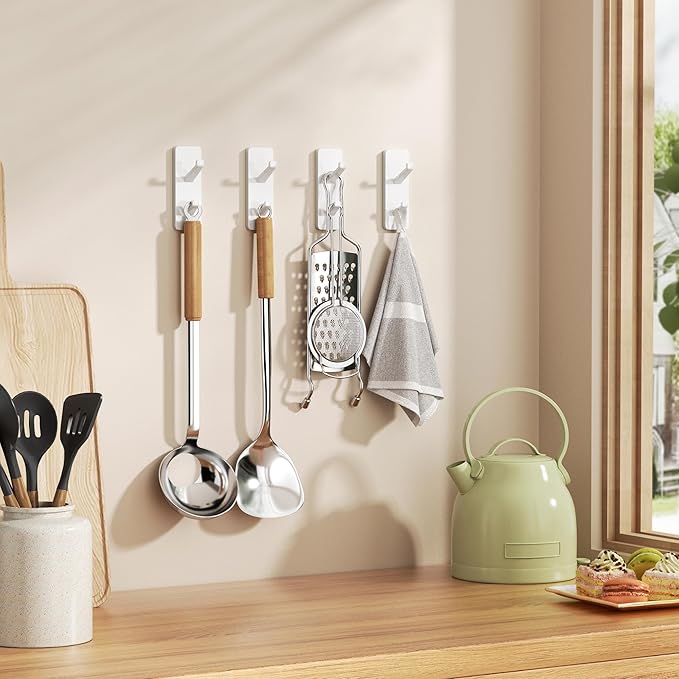 Self Adhesive Wall Hooks for Hanging: 13 LB Strong Hold, Sticky Hangers for Coat, Towels, Purse, Keys, Jacket, Bag - for Wall, Door, Bathroom, Shower, Kitchen - Stainless Metal, White, 4 Pack