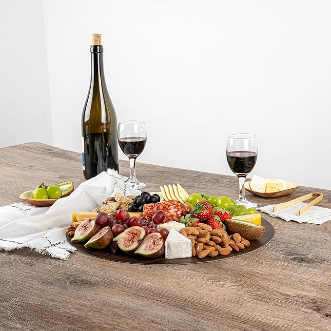 Restaurantware Cater Tek 13.8 Inch Charcuterie Boards 10 Faux Wood Cheese Boards - Round Stackable Dark Paper Cardboard Charcuterie Boards Disposable For Serving At Catered Events