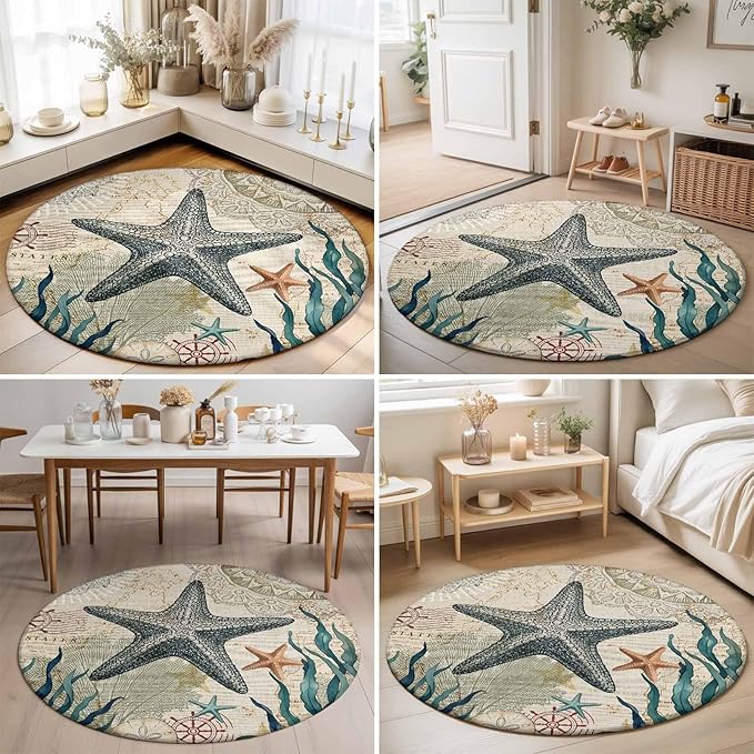 Washable Round Area Rug Nautical Starfish Teal Seaweed Starfish Circle Rugs Floor Carpet for Living Room Bedroom, Marine Life Soft Non Slip Round Rug 3ft