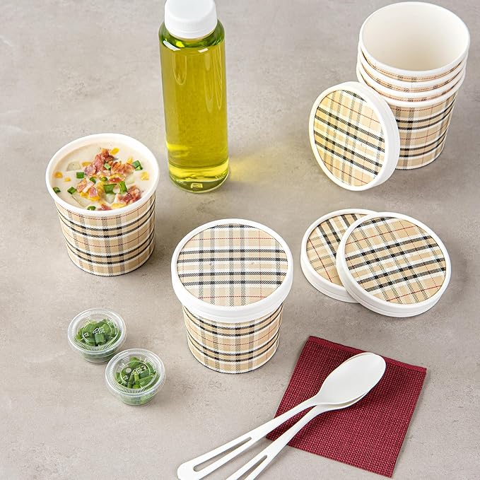 Restaurantware-LIDS ONLY: Bio Tek Soup Container Lids, 200 Disposable Bowl Lids For 12 Ounce Soup Cups - Containers Sold Separately, Vented, Plaid Print Paper Soup Container Lids, Round,