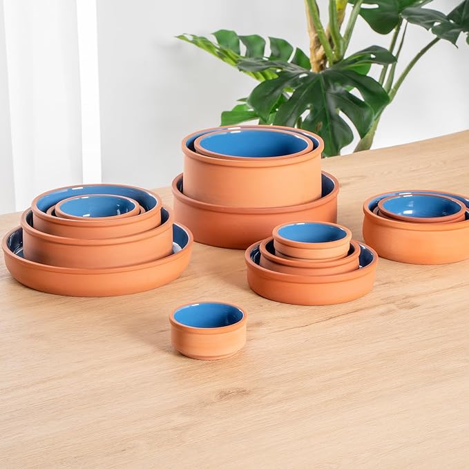Restaurantware-Terra Tek 2.7 Ounce Terracotta Cazuelas, 2 Blue Glazed Clay Pots For Cooking - Oven-Ready, Microwavable, Terracotta Serving Pots, Dishwashable, For Cooking And Serving
