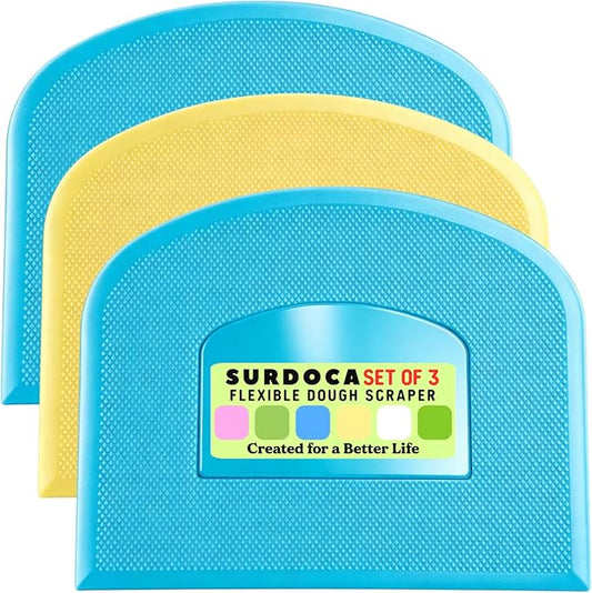 SURDOCA Dough Scraper Bench Scraper - 3P 11.8x7.3" Plastic Flexible Bowl Scraper, Sharp Edge & Angles Cake Scraper. Non-Slip Bakeware Decorating Tools Sculpting & Modeling Tools - Blue+Yellow+Blue