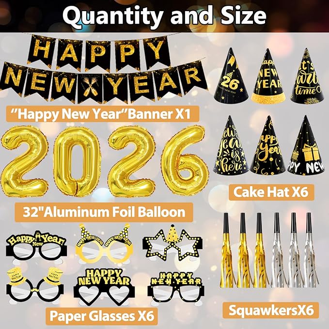 2026 New Years Decorations Set, New Years Eve Party Supplies 2026, "HAPPY NEW YEAR" Banner, "2025" Foil Balloon, Photo Props, Hats, Balloon Party Kit, Fringe Curtain