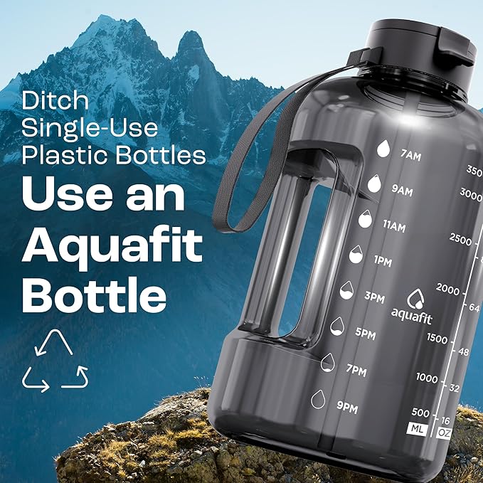 AQUAFIT 1 Gallon Water Bottle with Time Marker - Straw & Chug Lid - BPA Free Gym Water Bottle with Straw - Big Gallon Jug (Aqua, 128 oz - 2 Lids)
