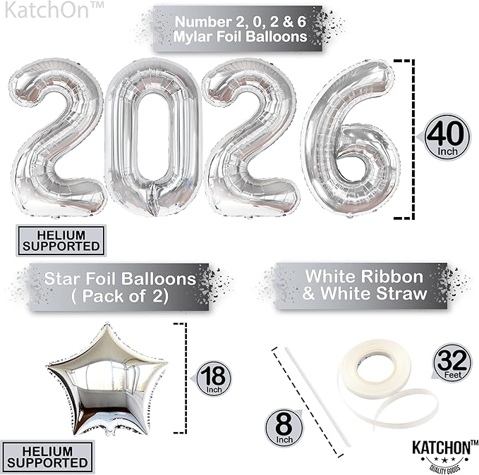 Katchon, Giant 2026 Balloons silver - 40 Inch | 2026 Graduation Decorations, Star Foil Balloons for Grad Party Decoration 2026, Graduation Decor, Graduation Balloons, Graduation Party Decorations 2026