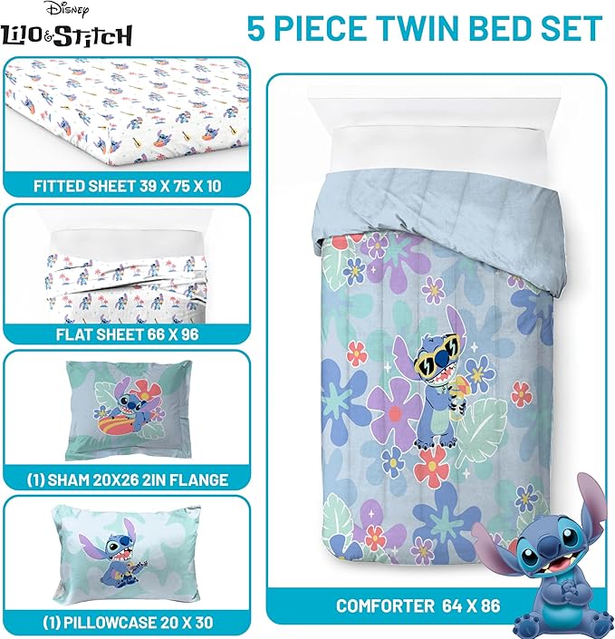 Jay Franco Disney Lilo and Stitch Twin Size Comforter Set - 5 Piece Bedding Includes Sheet Set & Pillow Covers - Super Soft Tropical Bedding