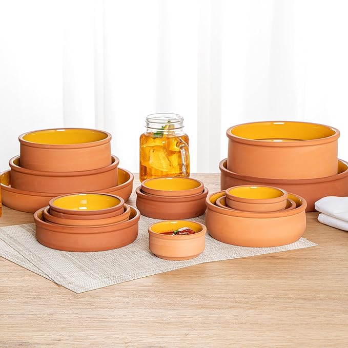 Restaurantware-Terra Tek 2.7 Ounce Terracotta Cazuelas, 2 Yellow Glazed Clay Pots For Cooking - Oven-Ready, Microwavable, Terracotta Serving Pots, Dishwashable, For Cooking And Serving
