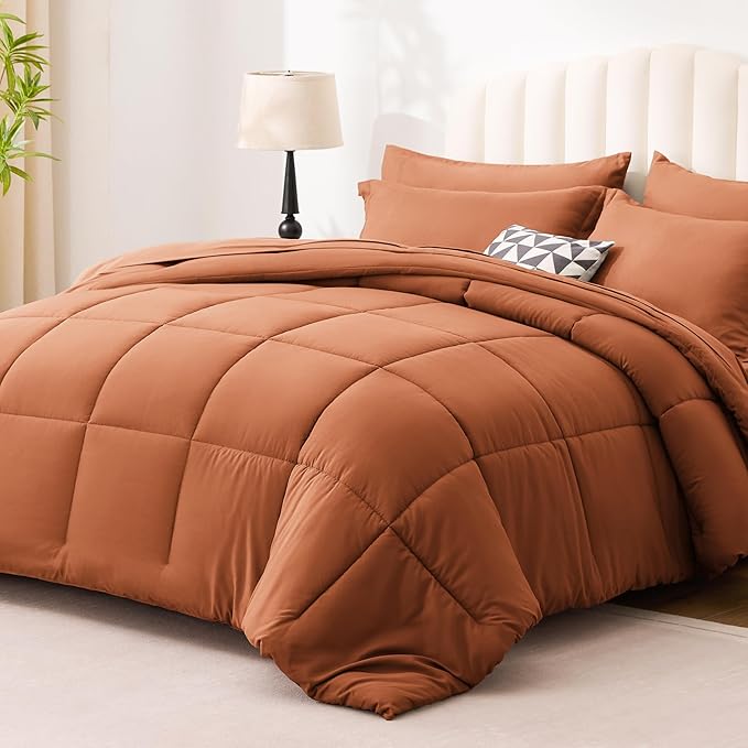 Love's cabin Twin Comforter Set Burnt Orange, 5 Pieces Twin Bed in a Bag, All Season Bedding Sets with 1 Comforter, 1 Flat Sheet, 1 Fitted Sheet, 1 Pillowcase and 1 Pillow Sham | Soft, Breathable, Lightweight, Comfortable