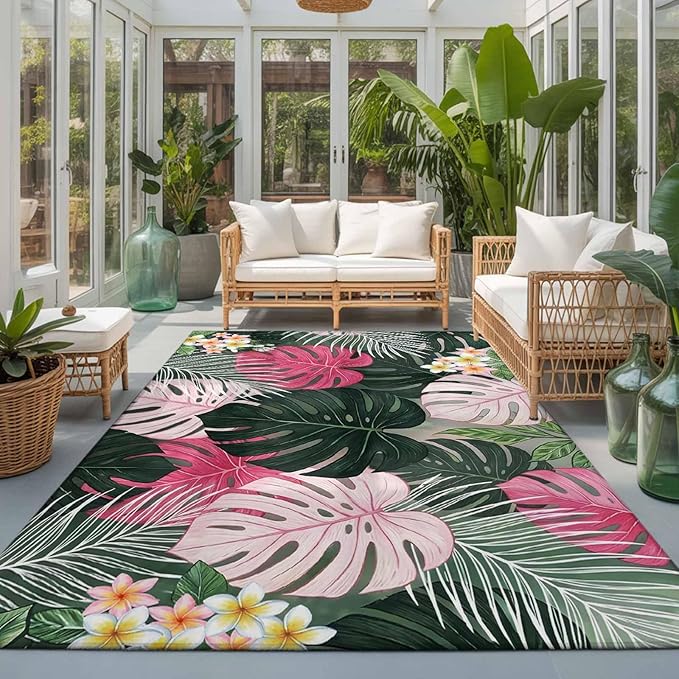 Area Rug 3x5ft, Summer Watercolor Pink Green Leaf Washable Rugs for Living Room Bedroom, Tropical Flower Leaves Plant Soft Non-Slip Area Rugs Rectangle Floor Carpet for Dining Room