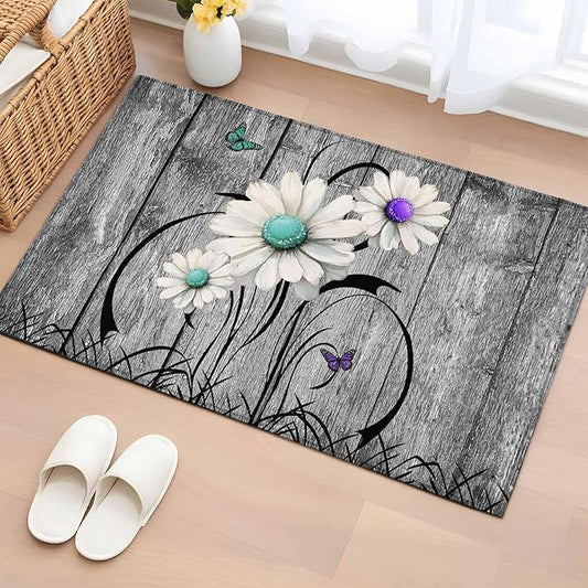 Area Rug 2x3ft, Farm Daisy Shabby Wood Grain Washable Rugs for Living Room Bedroom, Vintage Flower Plant Butterfly Soft Non-Slip Area Rugs Rectangle Floor Carpet for Dining Room