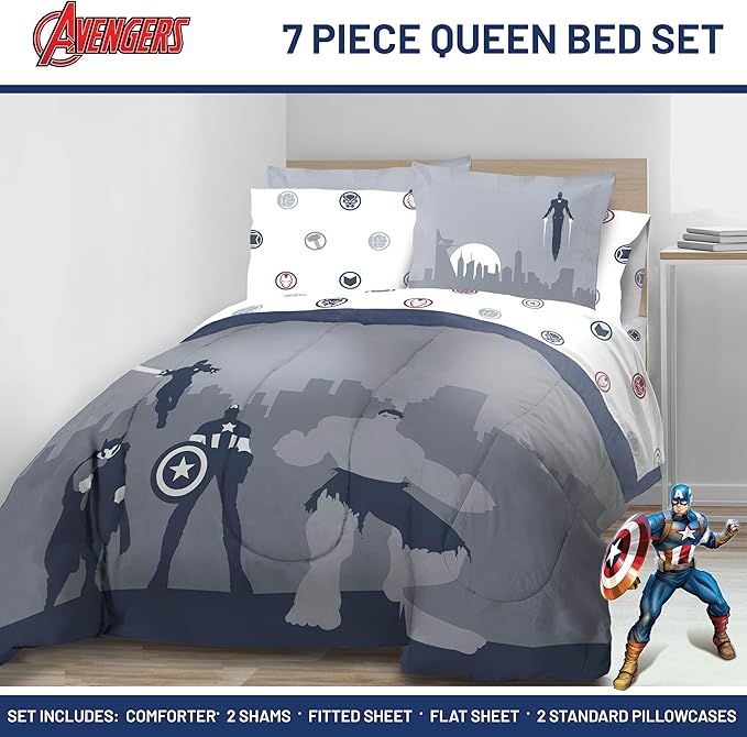Jay Franco Marvel Avengers Queen Size Comforter Set - 7 Piece Bedding Includes Sheet Set & Pillow Covers - Super Soft Cozy Bedding with Captain America, Hulk, Iron Man and Thor