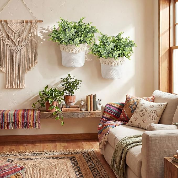 2 Pcs Hanging Cotton Rope Baskets with Tassels 4 Pcs Faux Eucalyptus Stems, Boho Wall Decor, White Woven Plant Basket with Artificial Eucalyptus Leaves for Bedroom, Farmhouse Home Decor